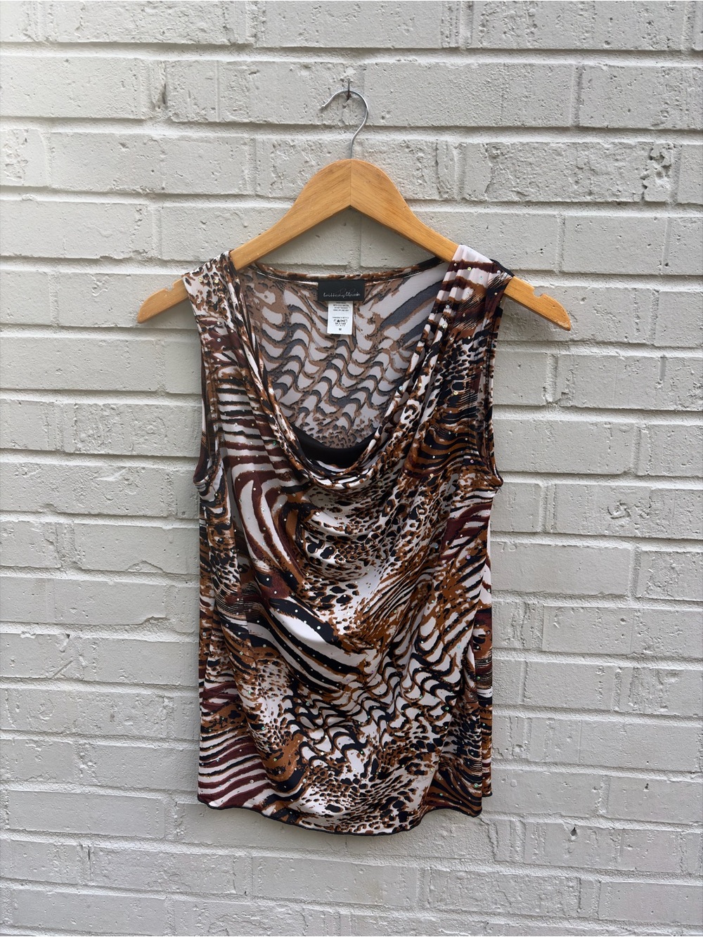 Vintage Y2K Brittany Black Cowl Neck Animal Print Sleeveless Top - Brown